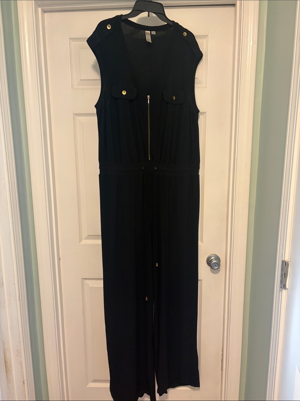 Emma & Michele Black Sleeveless Jumpsuit with Gold Hardware